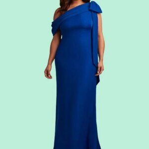 Tadashi Shoji Royal Blue Green One-Shoulder Bow Detail Crepe Gown